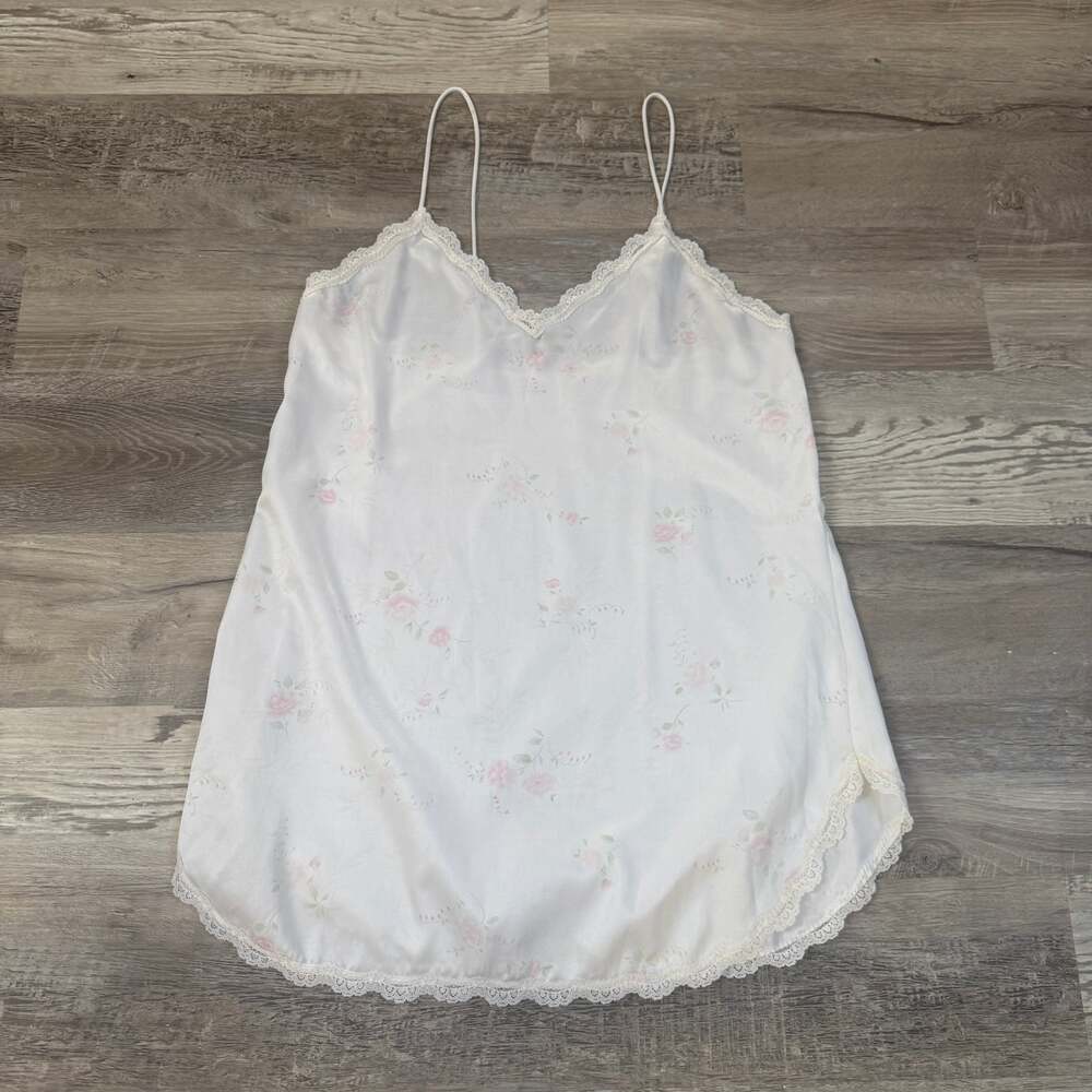 Vintage 90s White Floral Satin Lace Slip Dress Nightgown Coquette Lingerie L